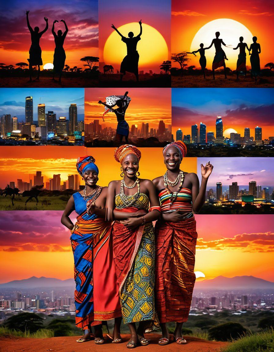 A vibrant, colorful collage depicting happy scenes from Kenyan adult entertainment, featuring joyful performers celebrating through dance and laughter in traditional Kenyan settings. Include elements of cultural iconography, such as Maasai shuka patterns, and a backdrop of Nairobi's skyline at sunset to evoke a lively atmosphere. The image should convey positivity and joy while being respectful and artistic. vibrant colors. super-realistic. 3D.