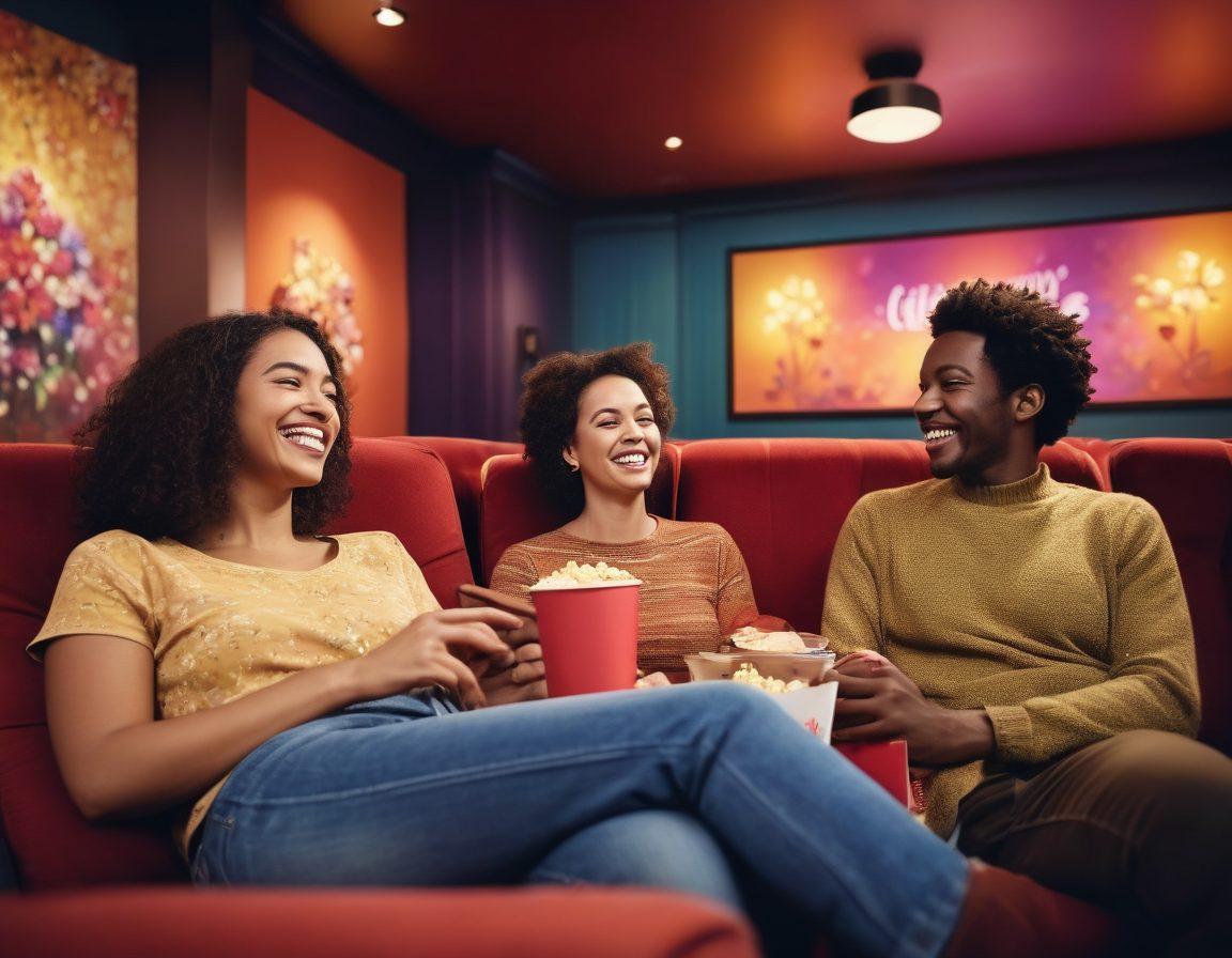 A vibrant scene showcasing a diverse group of adults in a cozy cinema setting, laughing and engaging with each other. Elements of positivity and joy are highlighted, such as colorful posters of happy adult films and a relaxed atmosphere with plush seating and popcorn. Include symbolic elements representing sexual wellness, like blooming flowers and open books. The cinema's interior should have warm lighting, radiating a welcoming vibe. super-realistic. vibrant colors. warm ambiance.